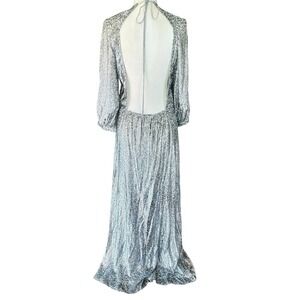 BA&SH Dara Maxi Dress 8 Large Silver Metallic Goddess Prom Glam Open Back Party